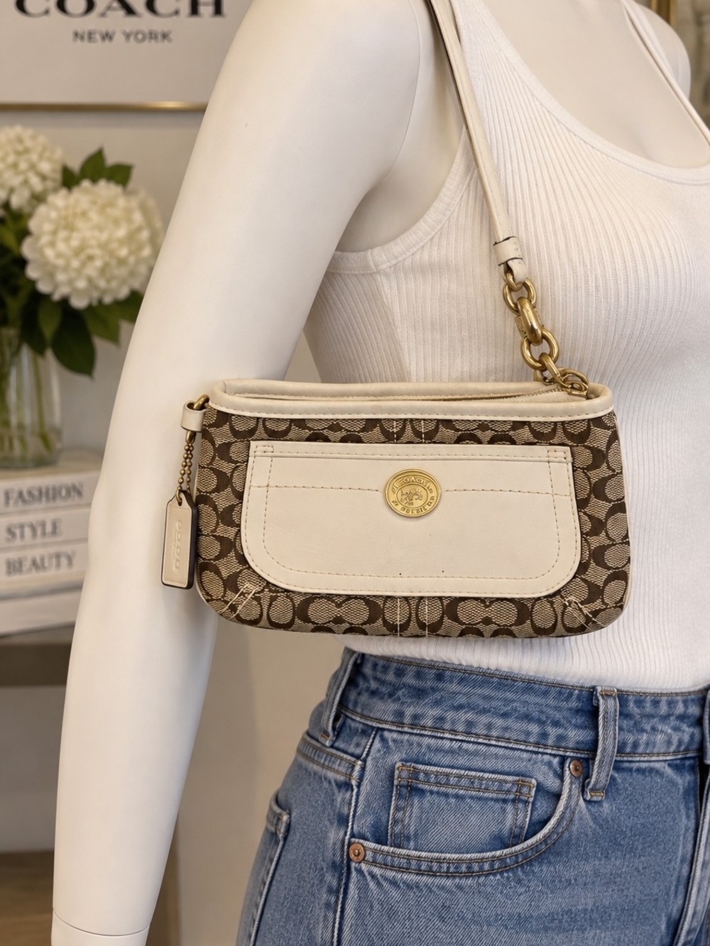 Coach Signature Canvas and Leather Shoulder Bag in Brown/Cream